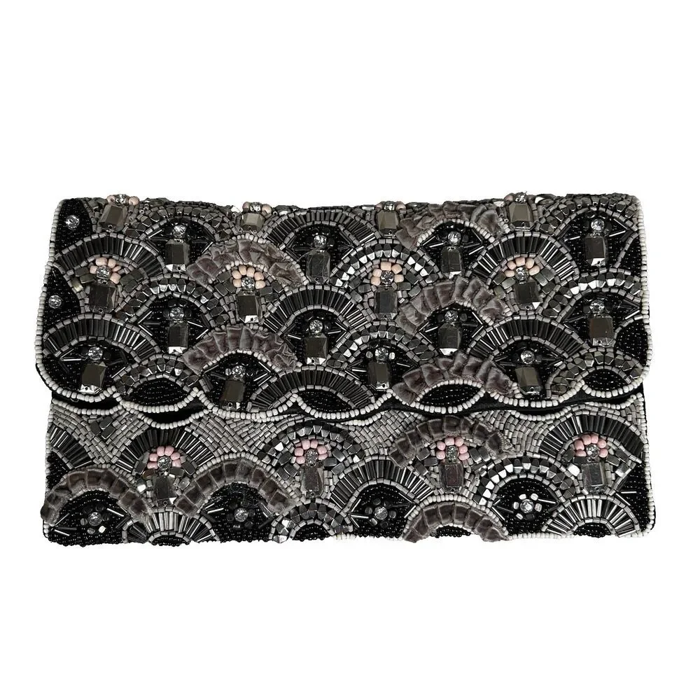 Ornate beaded OKPTA clutch snap closure velvet rhinestones and beads art-to-wear